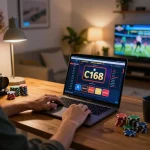 C168 online betting experience featuring a player engaged in casino gaming at home