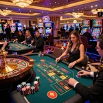 Players place bets at the vibrant roulette table in the man88a casino, engaging in dynamic gameplay.