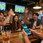 Placing a bet on kèo nhà cái trực tiếp during an exciting live sports event at a modern bar.