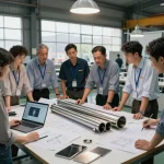 Engineers collaborating on Sumwin stainless steel designs in a modern manufacturing environment.