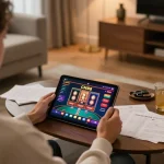 Person engaging in online betting at CM88 with vibrant casino interface and strategic notes.