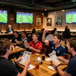 Exciting scene of fans engaged in trực tiếp đá bóng while cheering for their favorite teams at a sports bar.