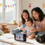 Parents and toddler enjoying a kling ai dance video in a bright living room.