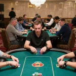 MK8 players strategizing in high-stakes poker game, colorful chips stacked on table.