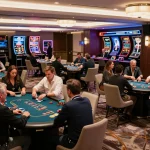F8bet players engaged in strategic poker gameplay in a luxurious casino setting.