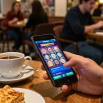 Player using ssbet77 app on smartphone at café, enjoying vibrant slots and live dealer games