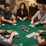Kuwin players enjoying a thrilling poker game at home with strategic moves and colorful chips