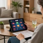 Player engaging with f168 online casino app on tablet in a cozy living room