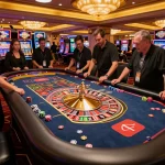 C168 roulette table action with players betting in vibrant Las Vegas casino