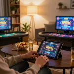 Person engaging in online gaming at 99Win using a tablet in a cozy home setting.