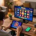 Engaging in online gaming on 789win vom with a tablet, showcasing vibrant slot game action.