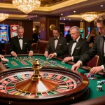 Sunwin players engaging in an exciting roulette game at an upscale casino table, showcasing vibrant chips and betting action.