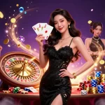 Win big with 9ph as a beautiful dealer showcases ace cards at a luxurious casino.