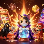 Win big with G VUI: A vibrant casino scene showcasing fortune teller cat and raven surrounded by dazzling gaming elements.