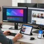 Developer using Vidmate APK on dual screens in a modern office setting.