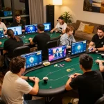 Engage with hm88 in an online poker tournament setup showcasing players discussing strategies.