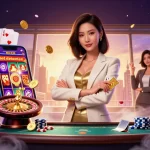 S8 offers thrilling jackpots in a vibrant casino scene featuring an elegant woman holding cards.