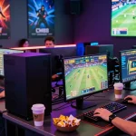 Players engaged in thrilling online games at CM88, showcasing dynamic gaming setup with multiple screens and vibrant visuals, perfect for cm888 enthusiasts.