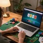 Player engaging in blackjack at go88 online casino, showcasing dynamic gameplay in a cozy home office.