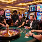 Exciting gambling scene at 8KBET casino with players engaged in roulette, baccarat, and slots.