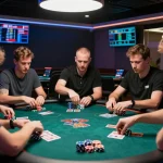 Fly88 players strategizing at a poker table, showcasing exciting online casino gameplay