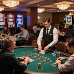 Engaged players at Nhà cái 789win blackjack tables strategizing their next move in a vibrant casino setting.