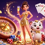 Join the excitement at 8kbet8, where a glamorous dealer and lucky cub celebrate wins with casino gems.
