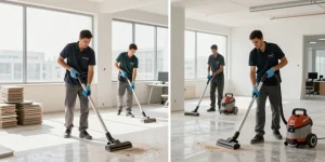 Expert cleaning in newly built office showcasing bauendreinigung preis for pristine results.