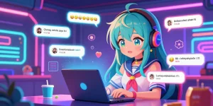 Engaging Hentai AI chat room with animated character interacting digitally, showcasing vibrant colors and playful user messages.