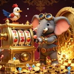 Experience fast action with PayID pokies australia featuring a steampunk elephant engineer operating a golden slot machine.