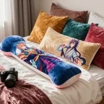 Custom body pillow showcased in a cozy bedroom with vibrant decor, highlighting personalized home comfort.