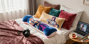 Custom body pillow showcased in a cozy bedroom with vibrant decor, highlighting personalized home comfort.