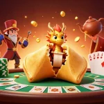 Experience excitement with mb66 as a tiny dragon reads fortunes within a golden fortune cookie amidst poker elements.