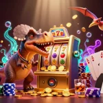 Gameplay at 888b casino with dinosaurs celebrating jackpot wins and vibrant casino elements.