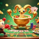 Engage with thrilling moments at sunwin chính chủ as the giant ramen bowl dealer interacts with players at a vibrant casino.