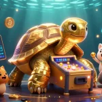 Engage with E2BET in a colorful 3D casino scene featuring unique crypto elements and lively characters.
